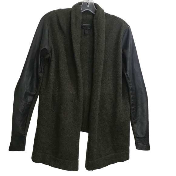Danier Open Front Cardigan Sweater Leather Sleeves Slits Cashmere Wool Blend Top - Picture 1 of 13
